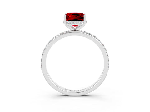 White gold Cushion Cut Ruby Solitaire Ring with Pavé Band and Hidden Halo_3