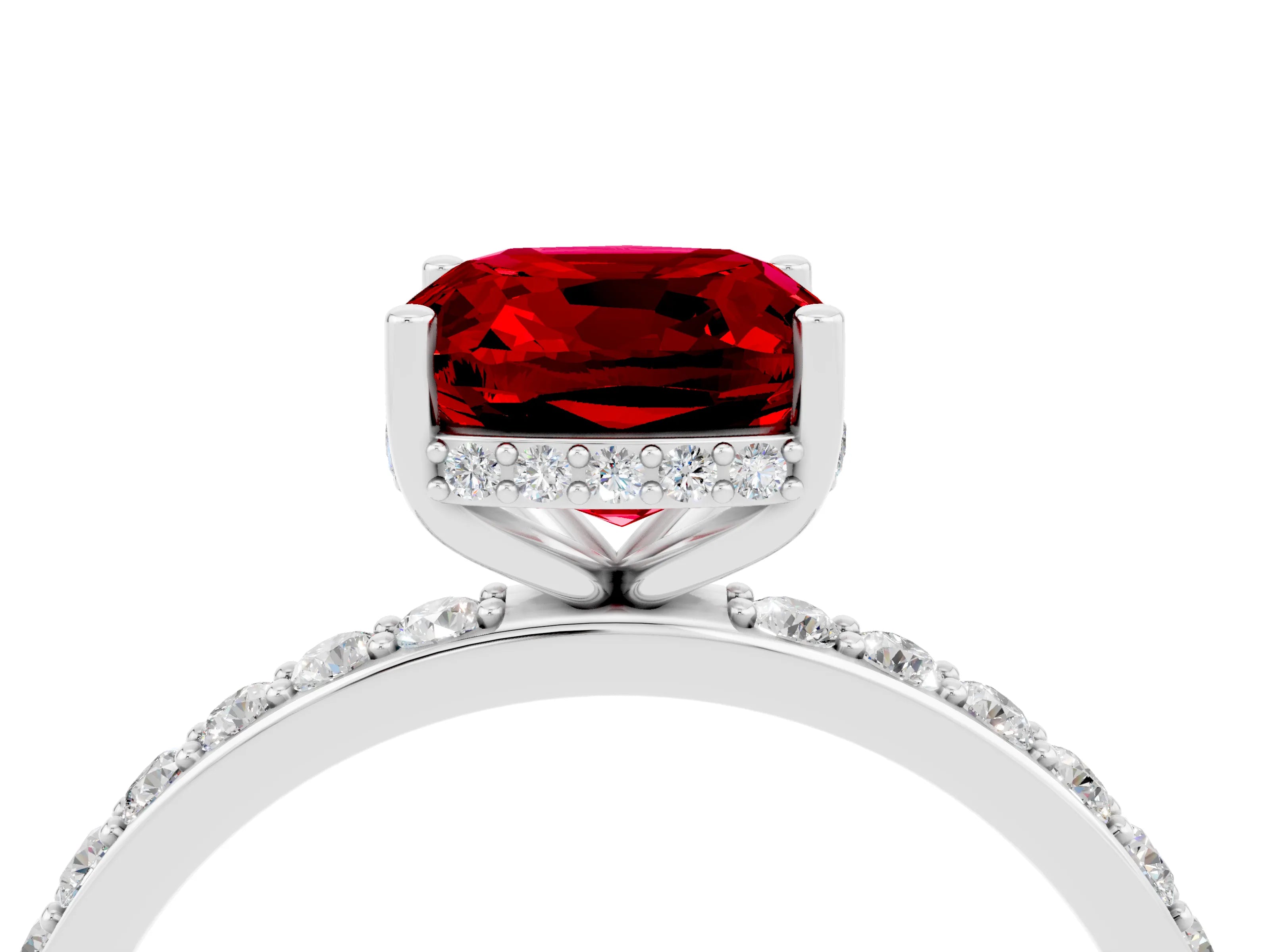 White gold Cushion Cut Ruby Solitaire Ring with Pavé Band and Hidden Halo_4