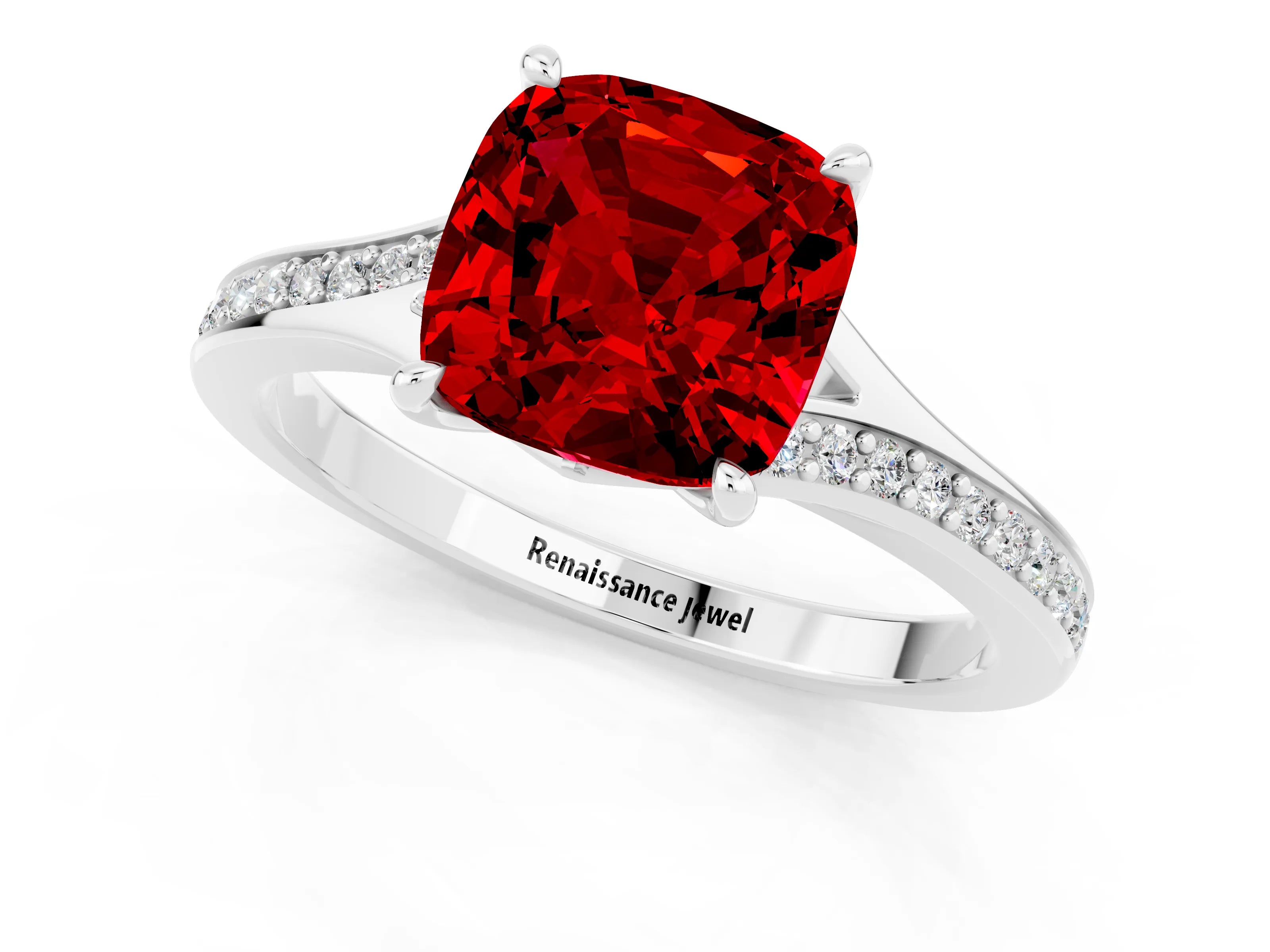 White gold Cushion Cut Ruby Solitaire Ring with Pavé Band and Prong Setting_13