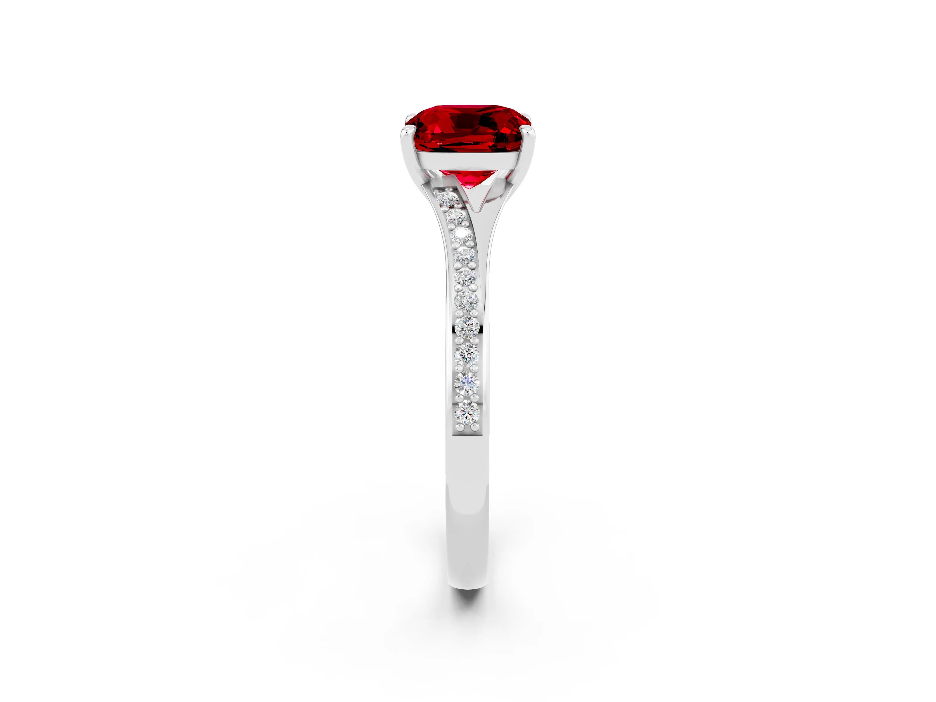 White gold Cushion Cut Ruby Solitaire Ring with Pavé Band and Prong Setting_14