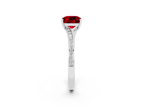White gold Cushion Cut Ruby Solitaire Ring with Pavé Band and Prong Setting_14