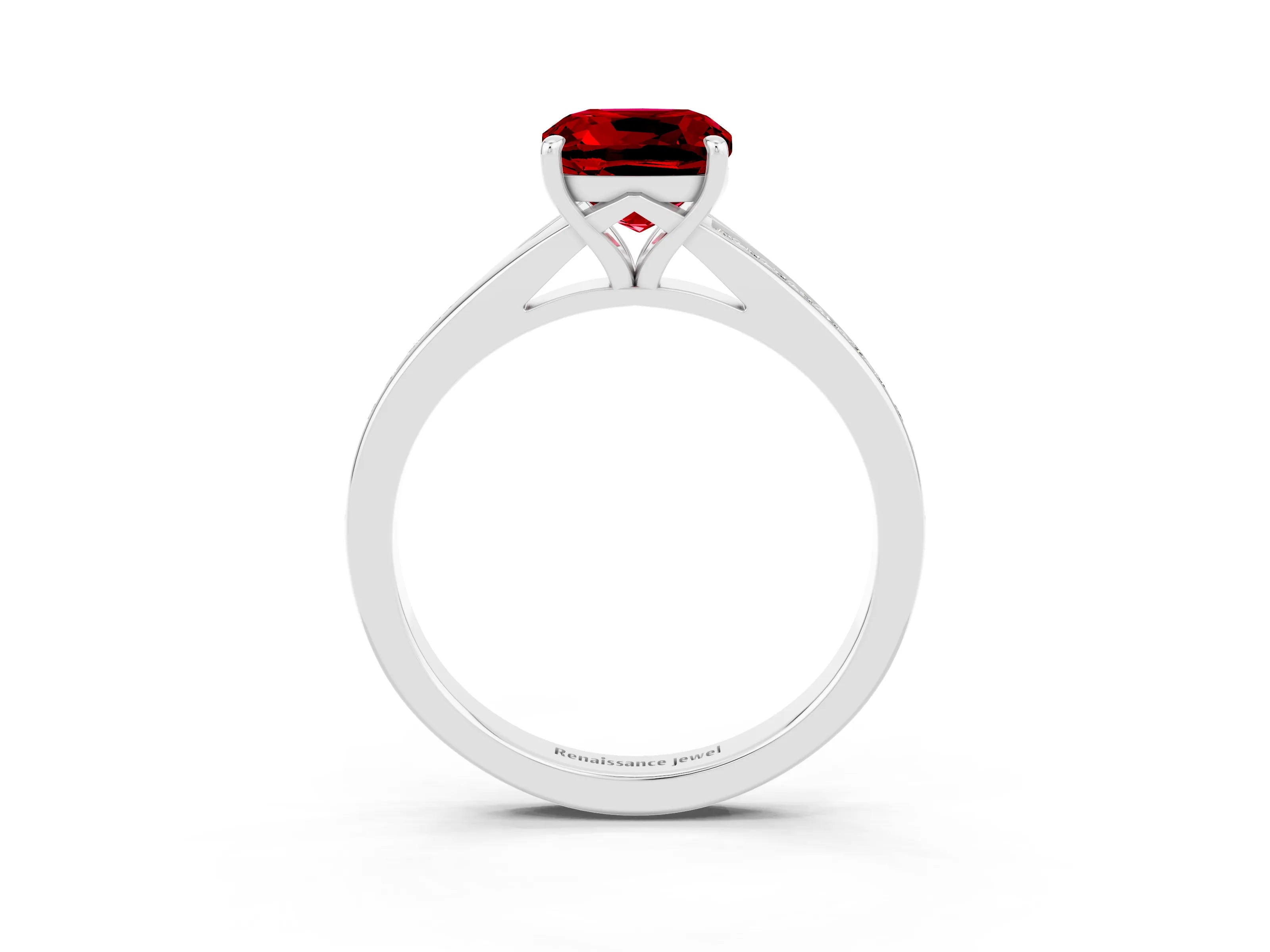 White gold Cushion Cut Ruby Solitaire Ring with Pavé Band and Prong Setting_15