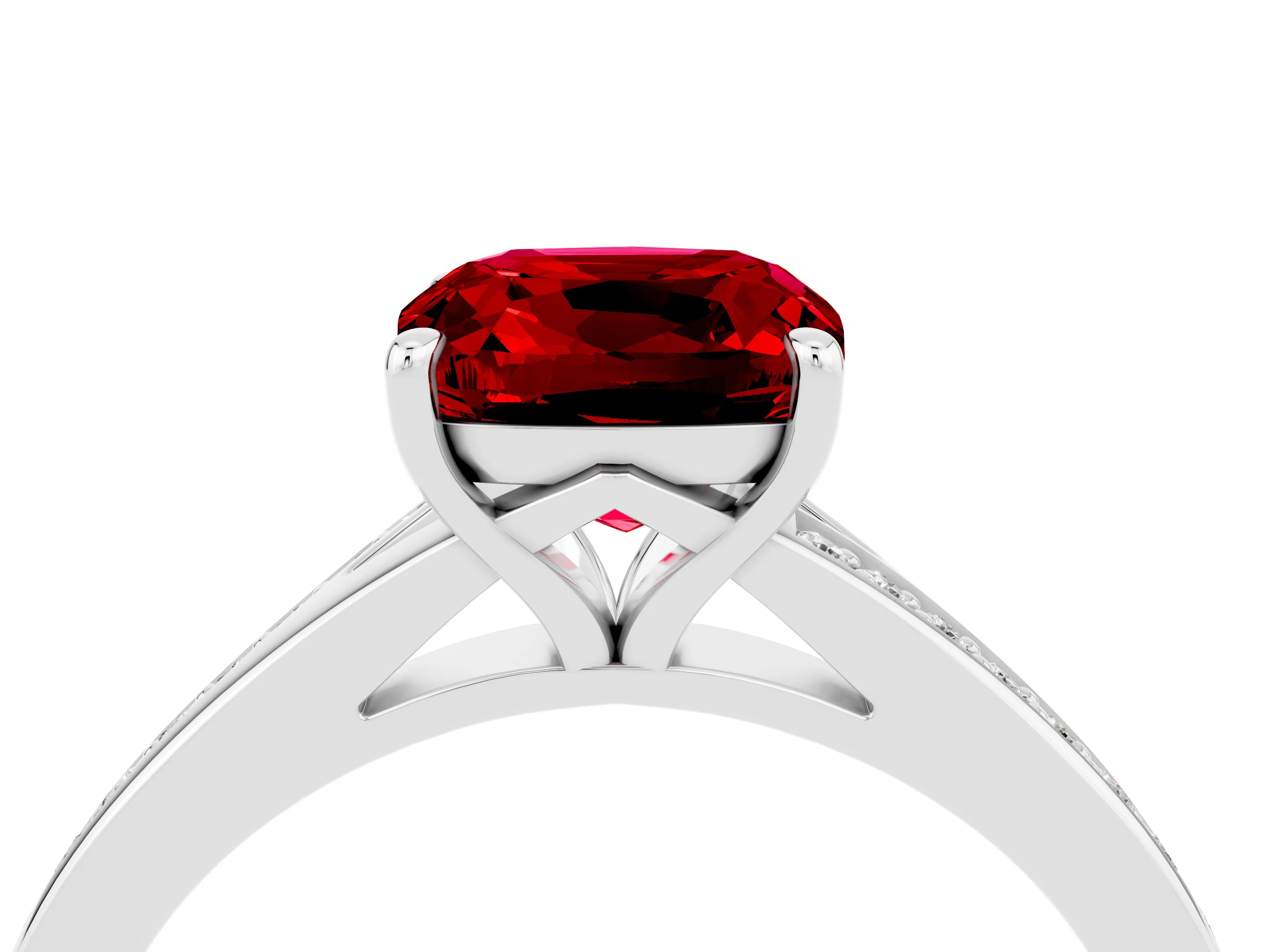 White gold Cushion Cut Ruby Solitaire Ring with Pavé Band and Prong Setting_16