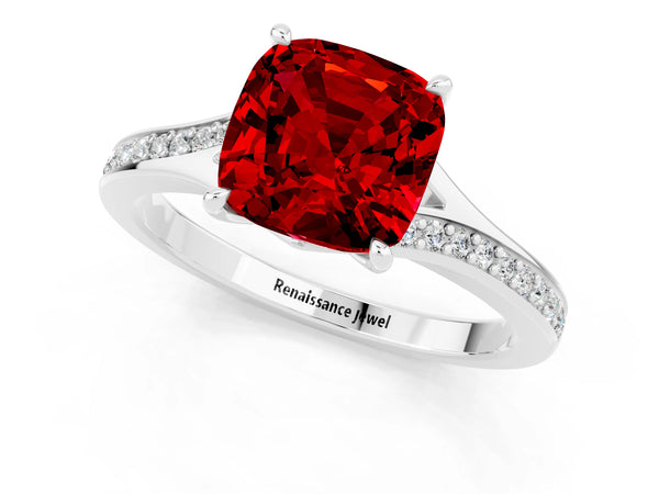 White gold Cushion Cut Ruby Solitaire Ring with Pavé Band and Prong Setting