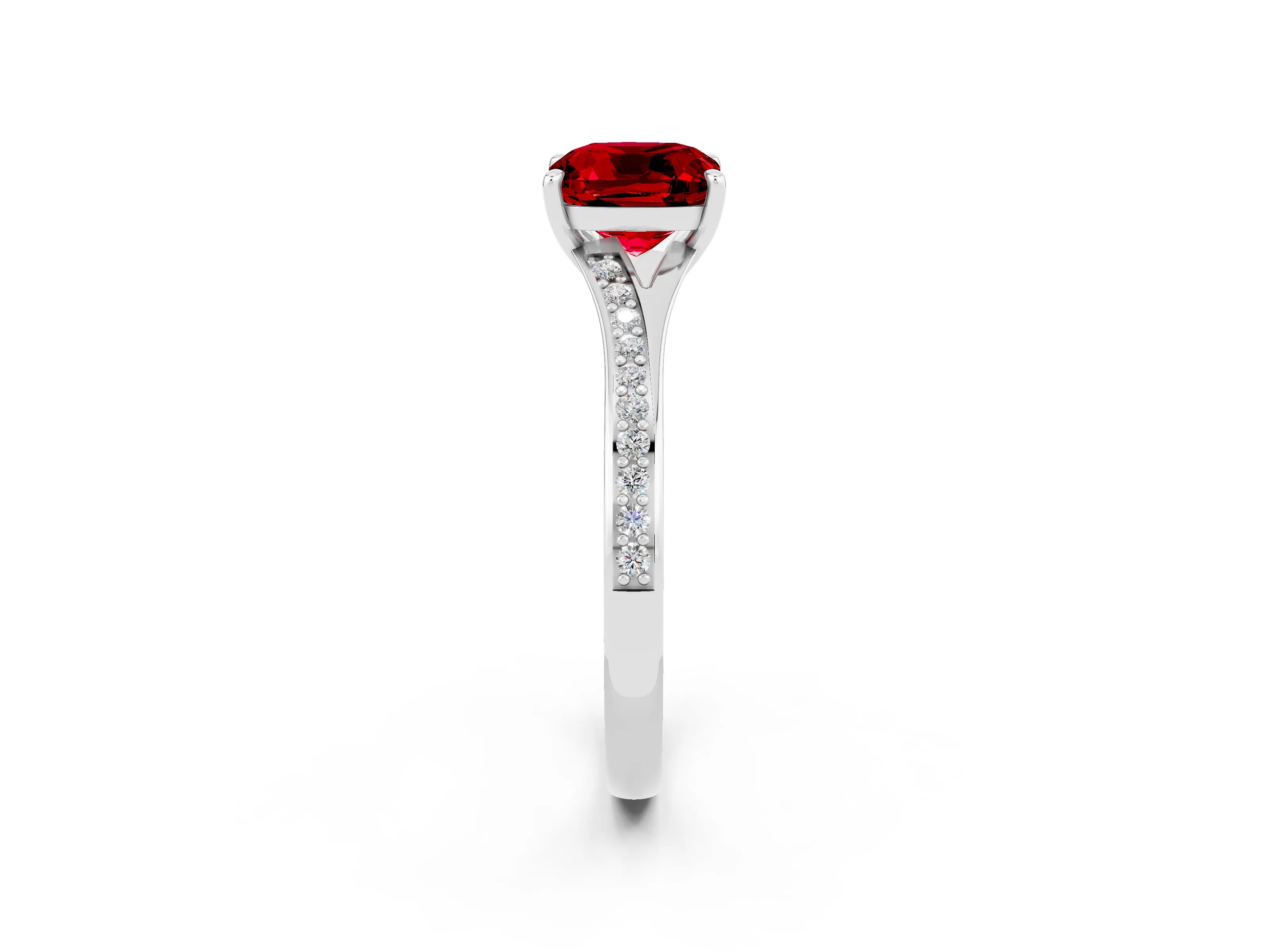 White gold Cushion Cut Ruby Solitaire Ring with Pavé Band and Prong Setting_2