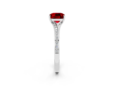 White gold Cushion Cut Ruby Solitaire Ring with Pavé Band and Prong Setting_2