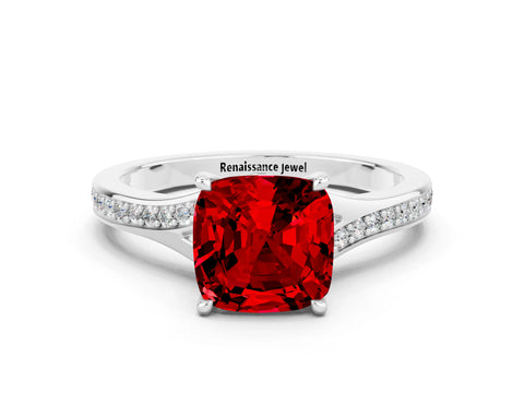 White gold Cushion Cut Ruby Solitaire Ring with Pavé Band and Prong Setting