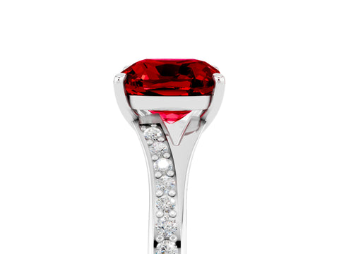 White gold Cushion Cut Ruby Solitaire Ring with Pavé Band and Prong Setting_5