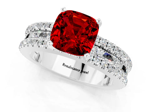 White gold Cushion Cut Ruby Solitaire Ring with Pavé and Channel Set Band_1