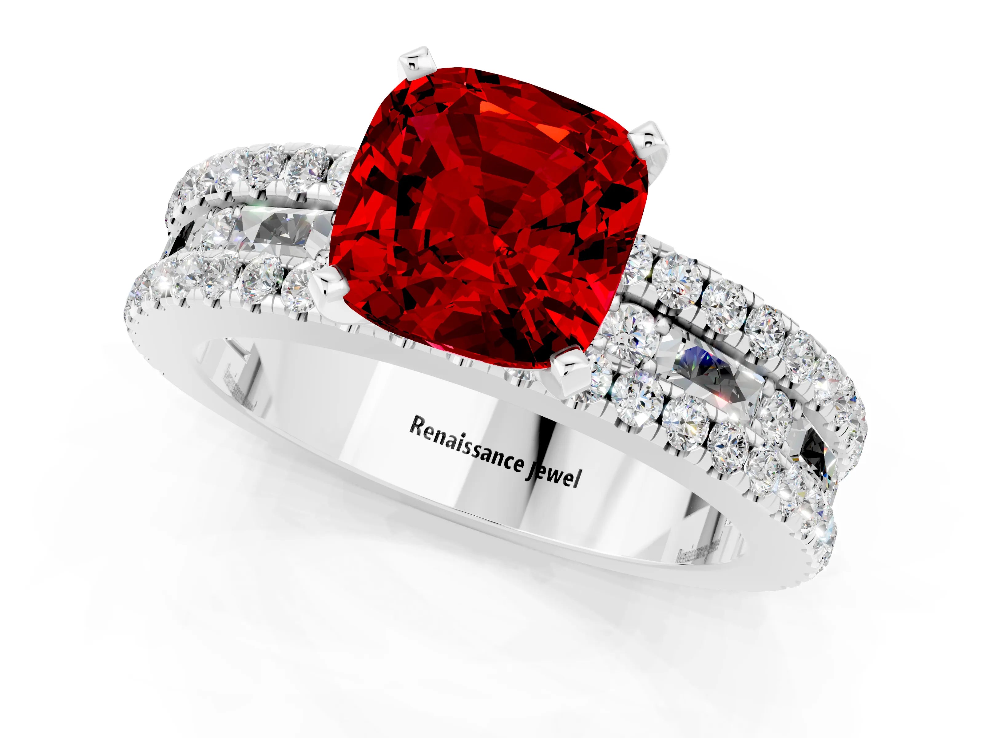 White gold Cushion Cut Ruby Solitaire Ring with Pavé and Channel Set Band_1