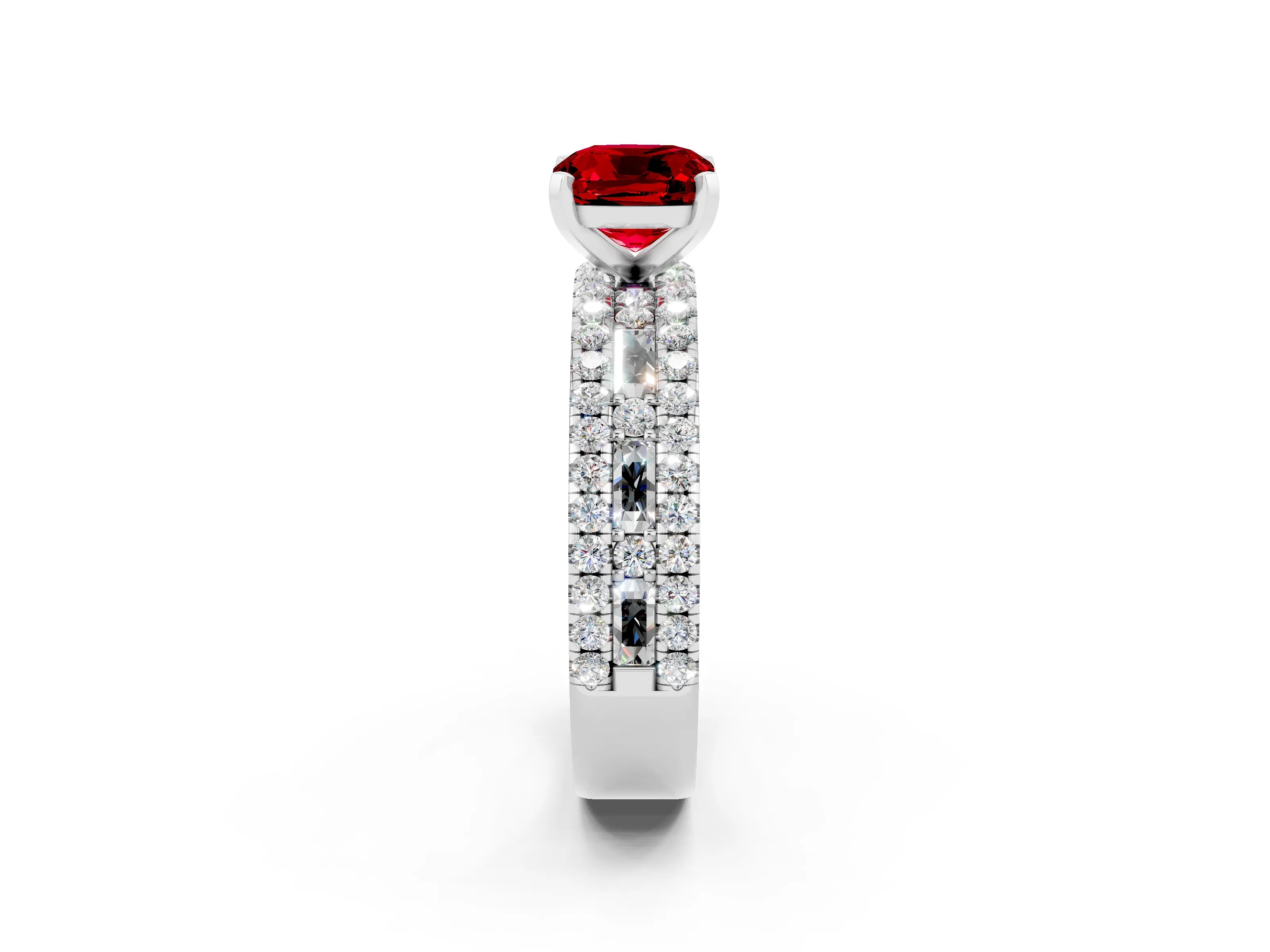 White gold Cushion Cut Ruby Solitaire Ring with Pavé and Channel Set Band_2