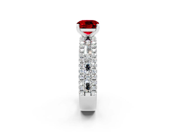 White gold Cushion Cut Ruby Solitaire Ring with Pavé and Channel Set Band
