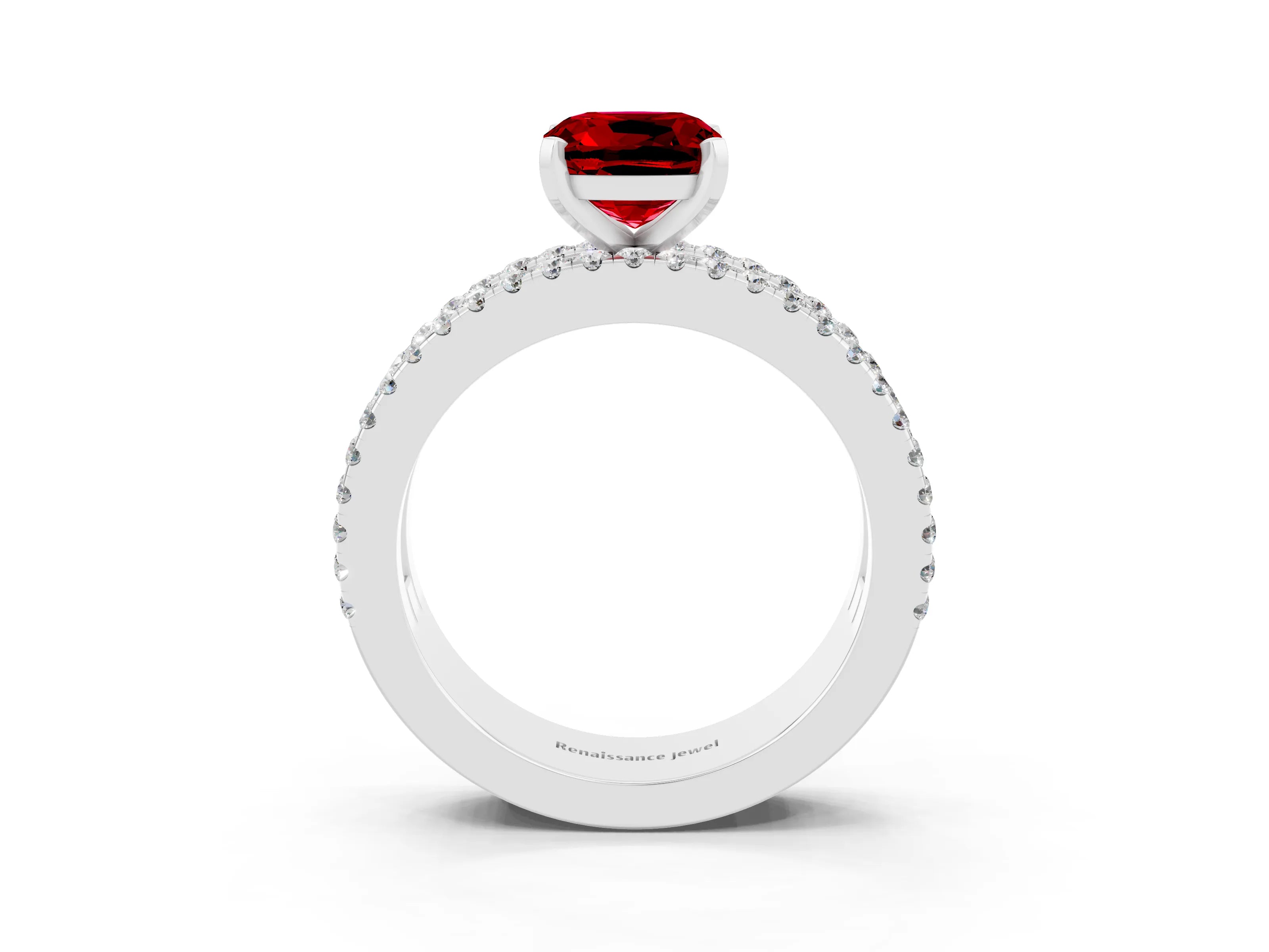 White gold Cushion Cut Ruby Solitaire Ring with Pavé and Channel Set Band_3