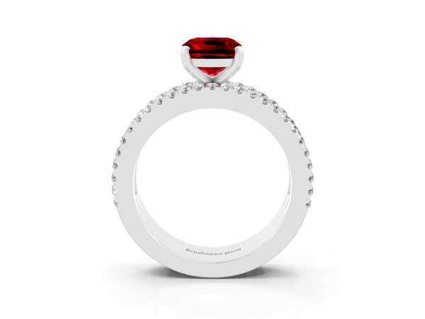 Platinum Cushion Cut Ruby Solitaire Ring with Pavé and Channel Set Band