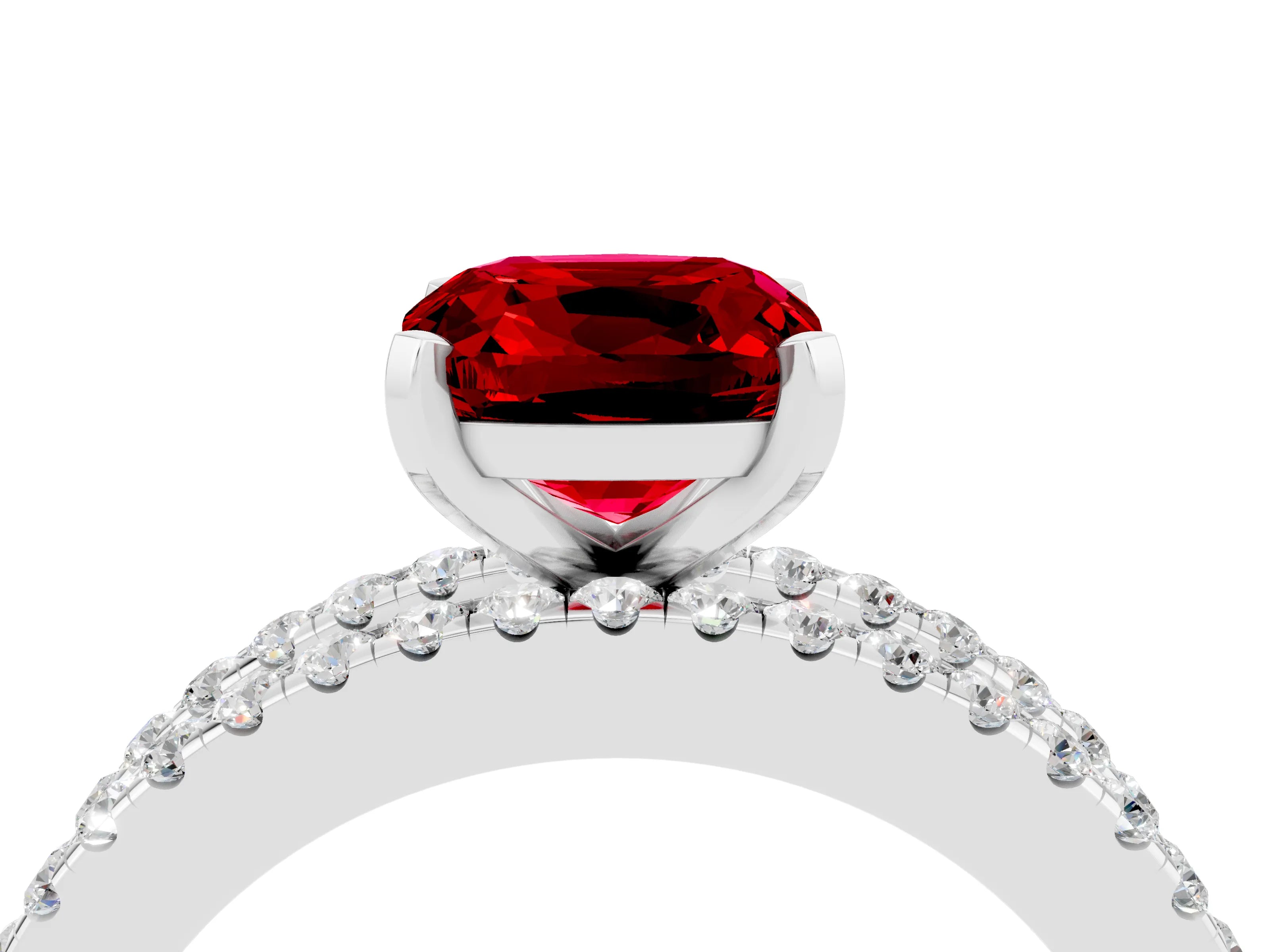 White gold Cushion Cut Ruby Solitaire Ring with Pavé and Channel Set Band_4