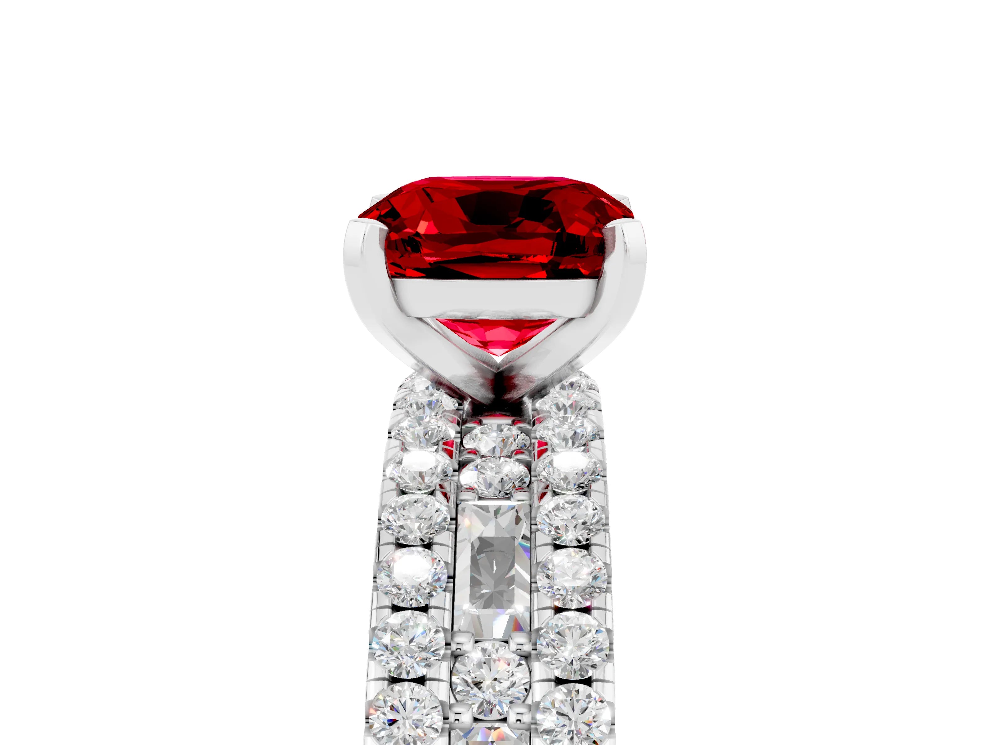 White gold Cushion Cut Ruby Solitaire Ring with Pavé and Channel Set Band_5