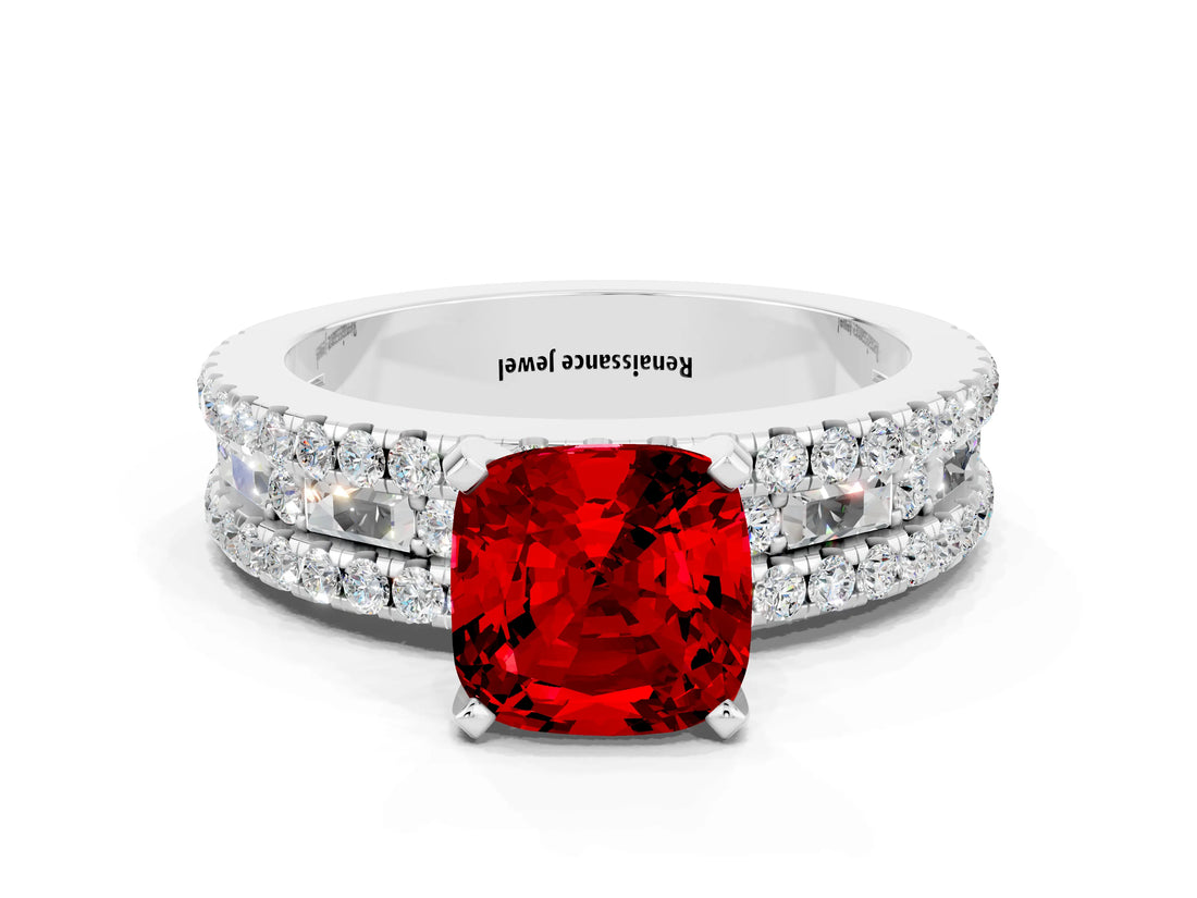 White gold Cushion Cut Ruby Solitaire Ring with Pavé and Channel Set Band
