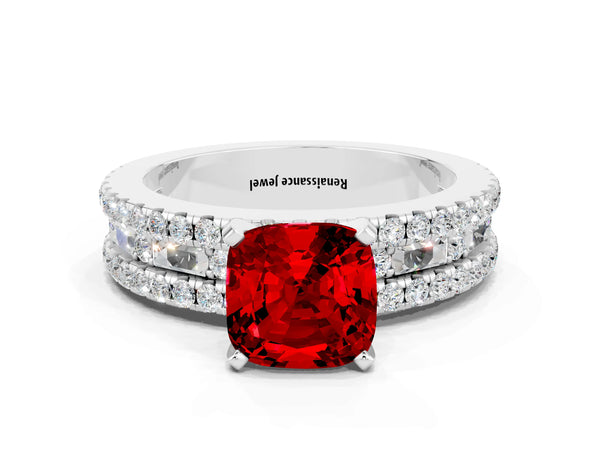 White gold Cushion Cut Ruby Solitaire Ring with Pavé and Channel Set Band