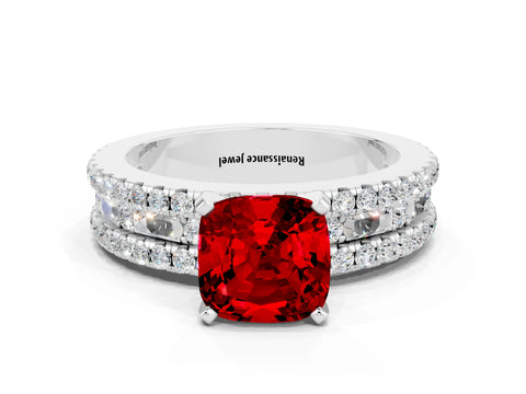 White gold Cushion Cut Ruby Solitaire Ring with Pavé and Channel Set Band