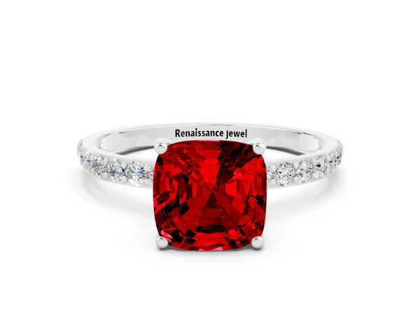 Silver Cushion Cut Ruby Solitaire Ring with Round  Pavé Band and Prong Setting
