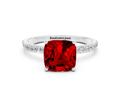White gold Cushion Cut Ruby Solitaire Ring with Pave Band and Four Prong Setting_24