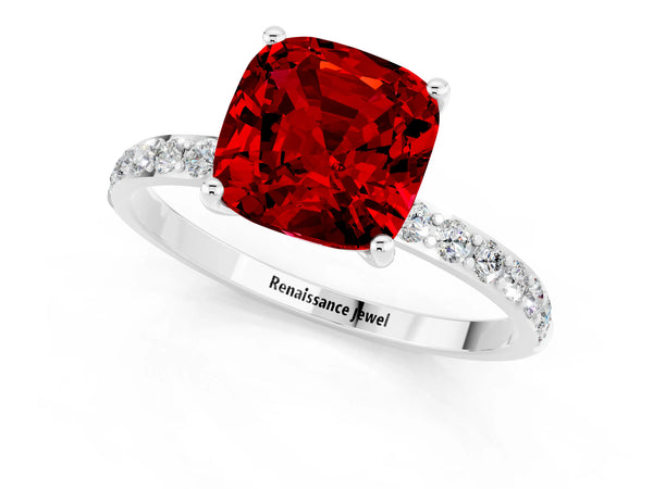 Platinum Cushion Cut Ruby Solitaire Ring with Round  Pavé Band and Prong Setting