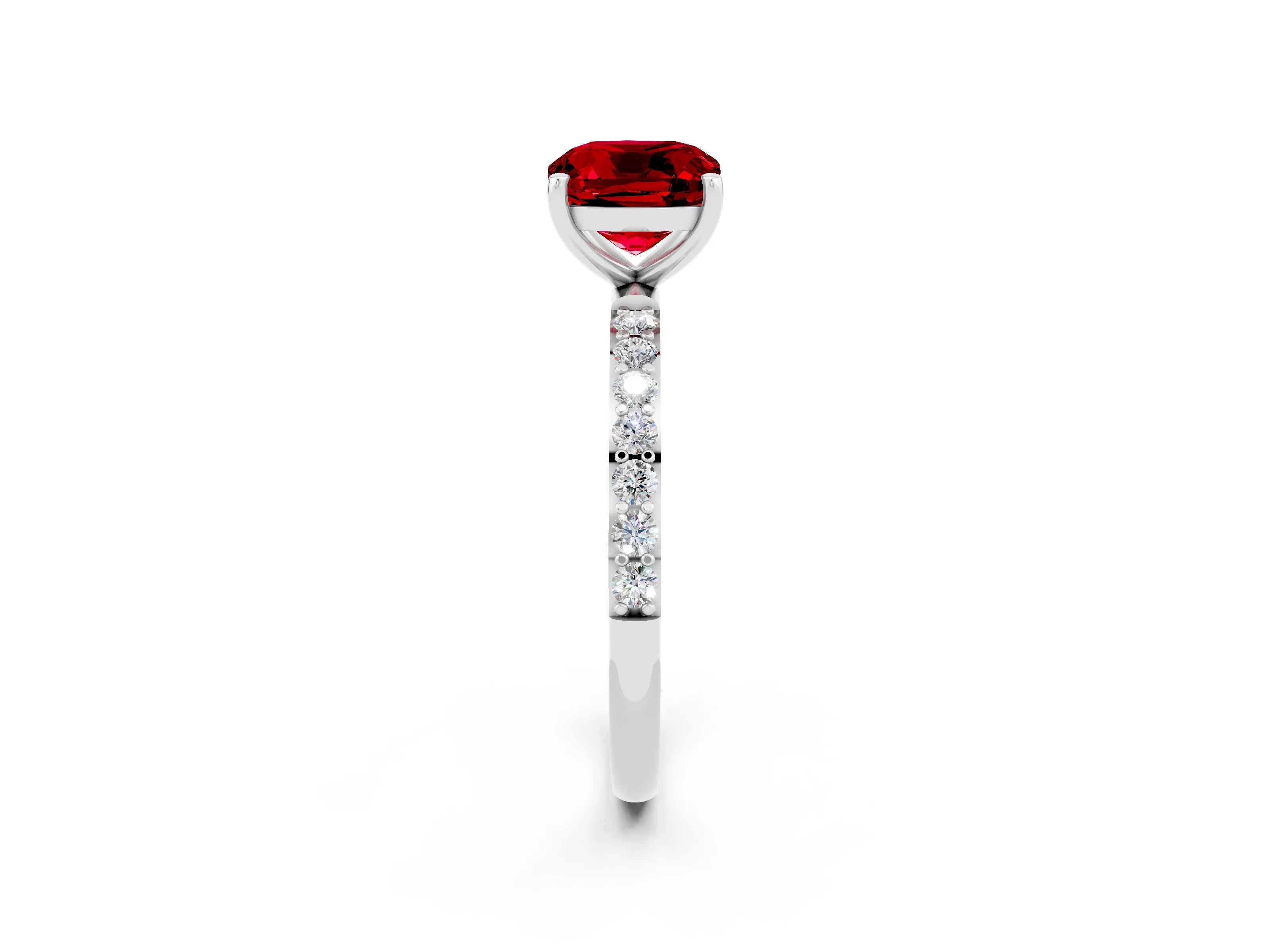 White gold Cushion Cut Ruby Solitaire Ring with Pave Band and Four Prong Setting_26