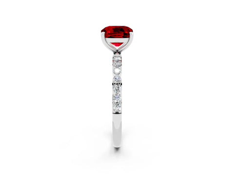 White gold Cushion Cut Ruby Solitaire Ring with Pave Band and Four Prong Setting_26
