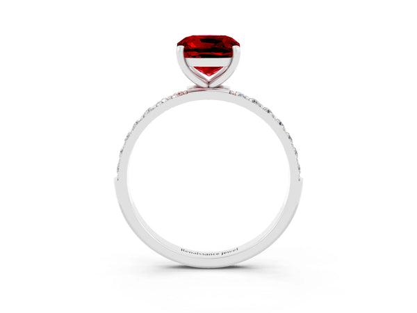 Platinum Cushion Cut Ruby Solitaire Ring with Round  Pavé Band and Prong Setting