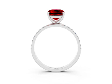 White gold Cushion Cut Ruby Solitaire Ring with Pave Band and Four Prong Setting_27