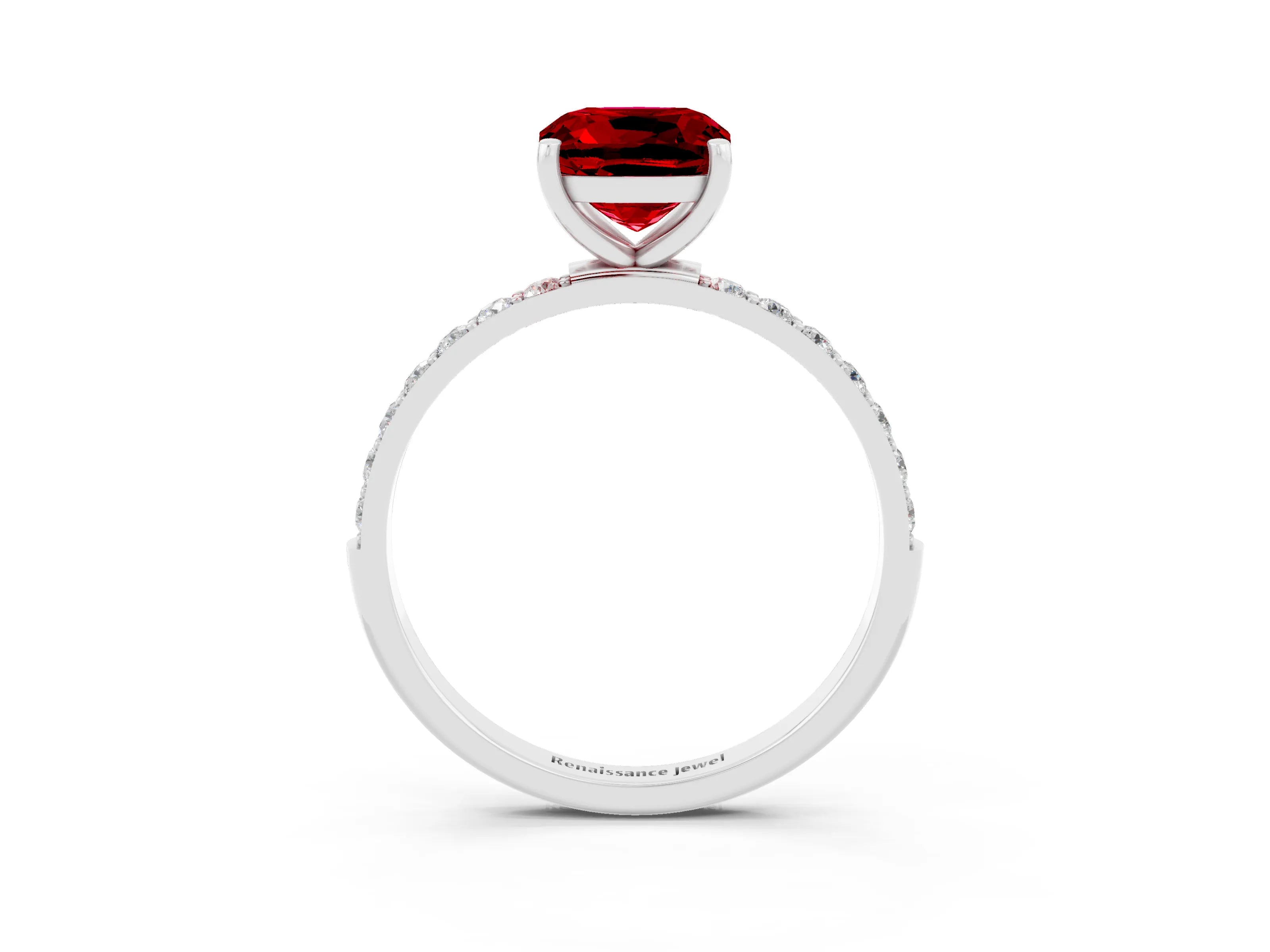 White gold Cushion Cut Ruby Solitaire Ring with Pave Band and Four Prong Setting_27