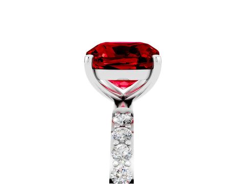 White gold Cushion Cut Ruby Solitaire Ring with Pave Band and Four Prong Setting_29