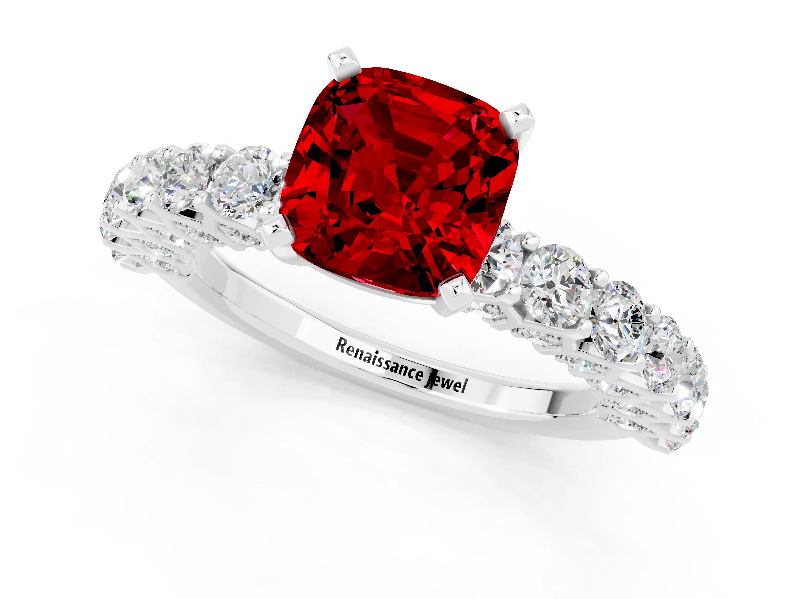 White gold Cushion Cut Ruby Solitaire Ring with Shared Prong Pavé Band and Four-Prong Setting_1