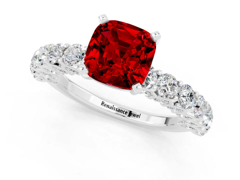 White gold Cushion Cut Ruby Solitaire Ring with Shared Prong Pavé Band and Four-Prong Setting_1