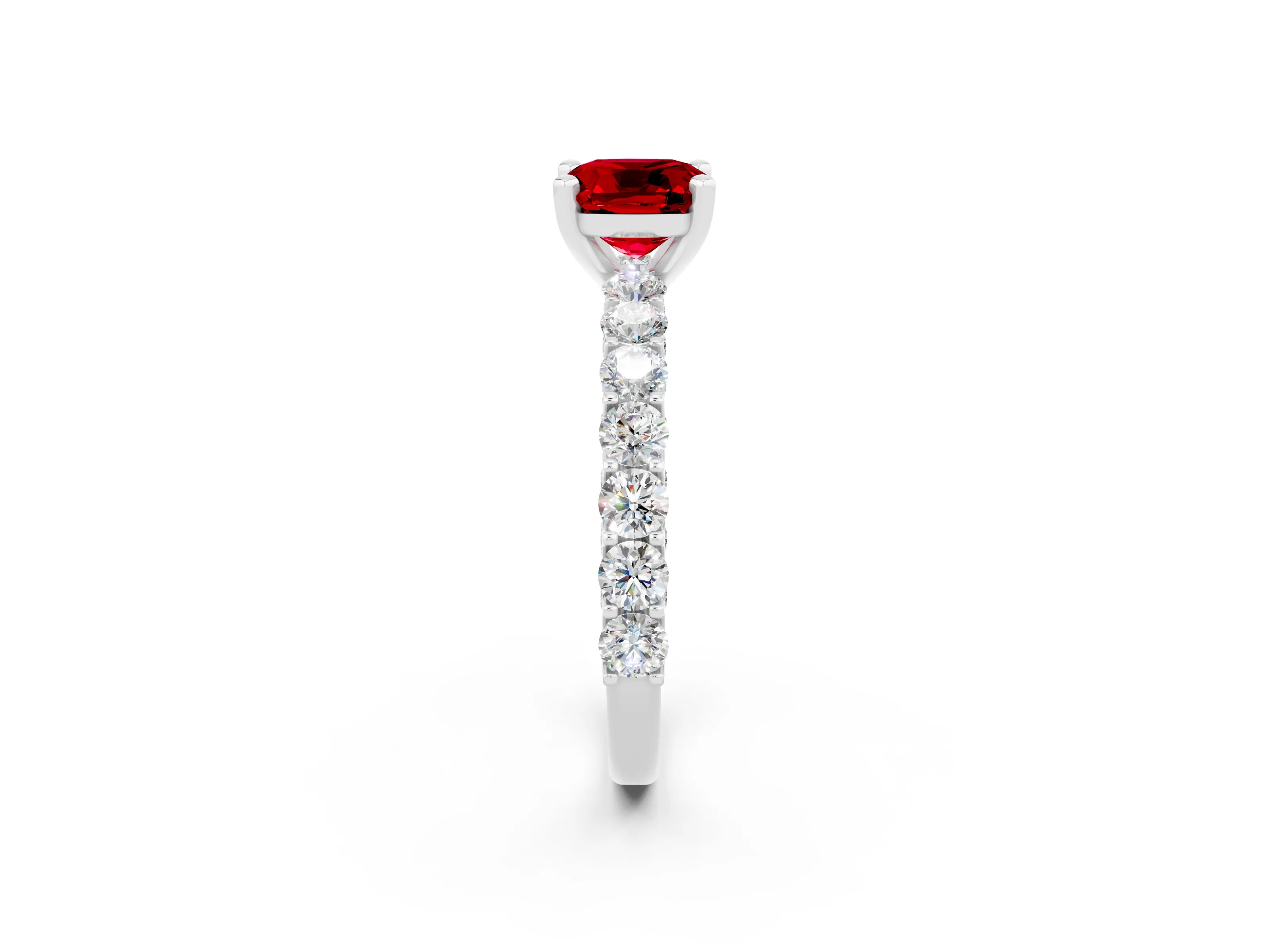 White gold Cushion Cut Ruby Solitaire Ring with Shared Prong Pavé Band and Four-Prong Setting_2