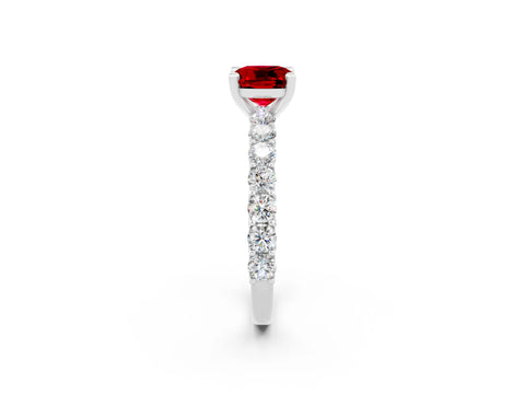 White gold Cushion Cut Ruby Solitaire Ring with Shared Prong Pavé Band and Four-Prong Setting_2