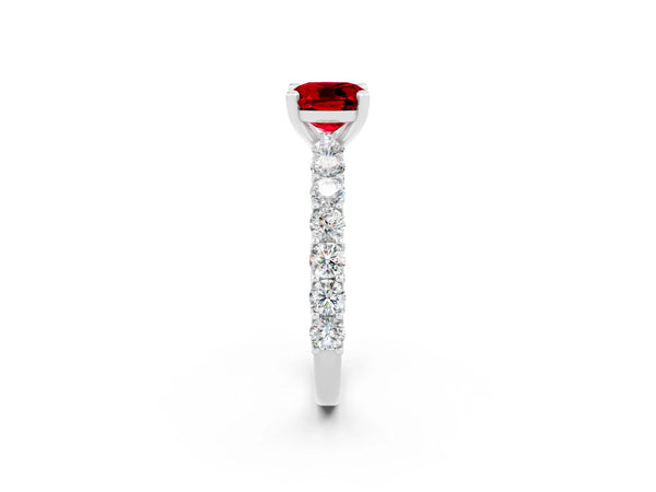Silver Cushion Cut Ruby Solitaire Ring with Shared Prong Pavé Band and Four-Prong Setting