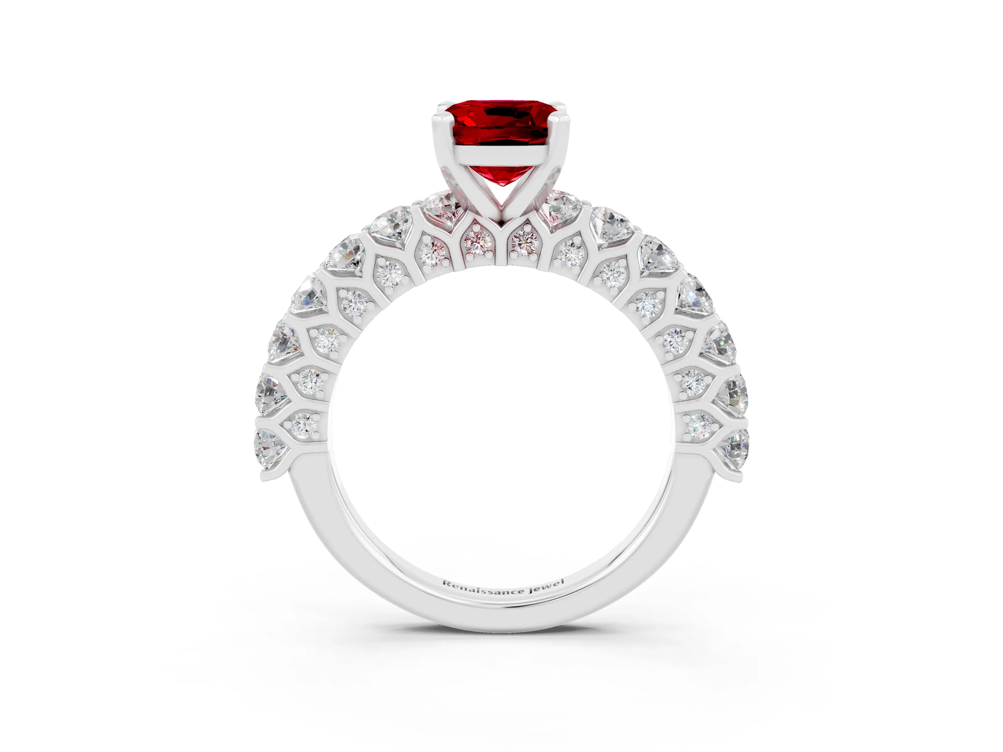 White gold Cushion Cut Ruby Solitaire Ring with Shared Prong Pavé Band and Four-Prong Setting_3