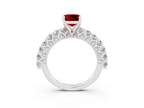 Silver Cushion Cut Ruby Solitaire Ring with Shared Prong Pavé Band and Four-Prong Setting