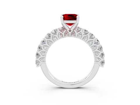 White gold Cushion Cut Ruby Solitaire Ring with Shared Prong Pavé Band and Four-Prong Setting_3