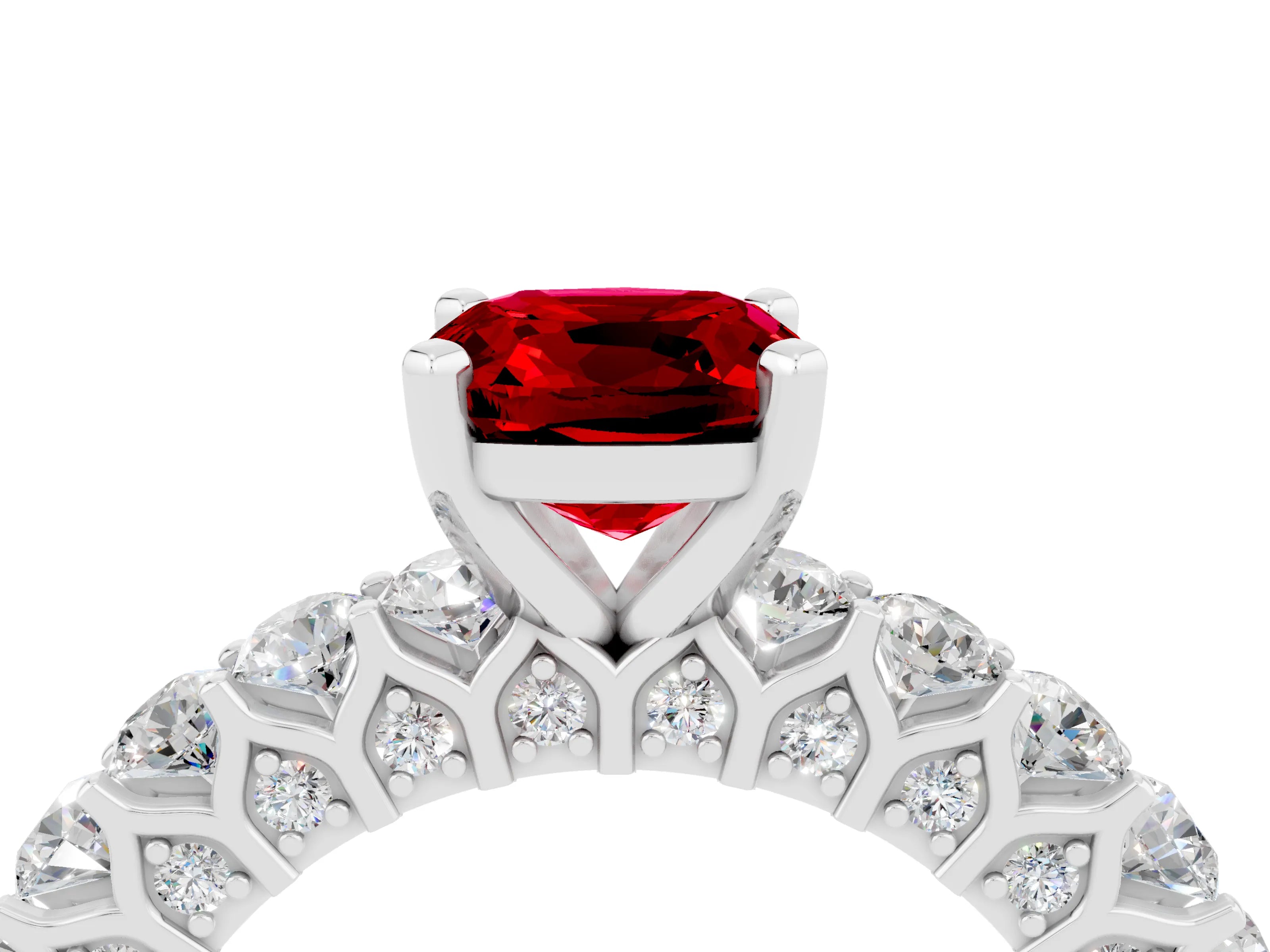 White gold Cushion Cut Ruby Solitaire Ring with Shared Prong Pavé Band and Four-Prong Setting_4