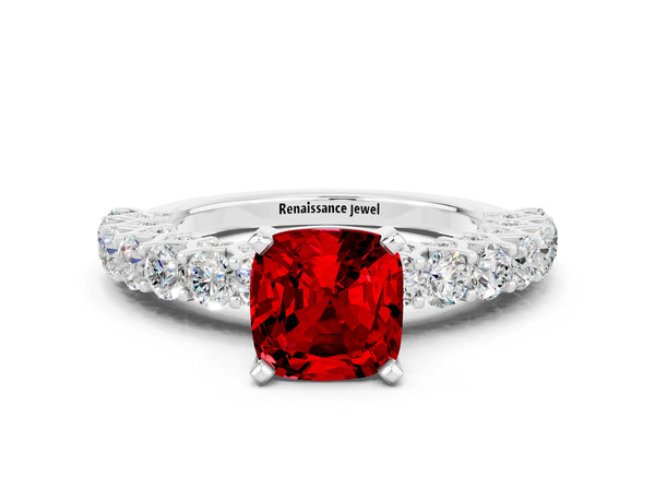 Silver Cushion Cut Ruby Solitaire Ring with Shared Prong Pavé Band and Four-Prong Setting