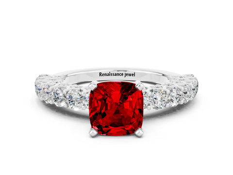 White gold Cushion Cut Ruby Solitaire Ring with Shared Prong Pavé Band and Four-Prong Setting