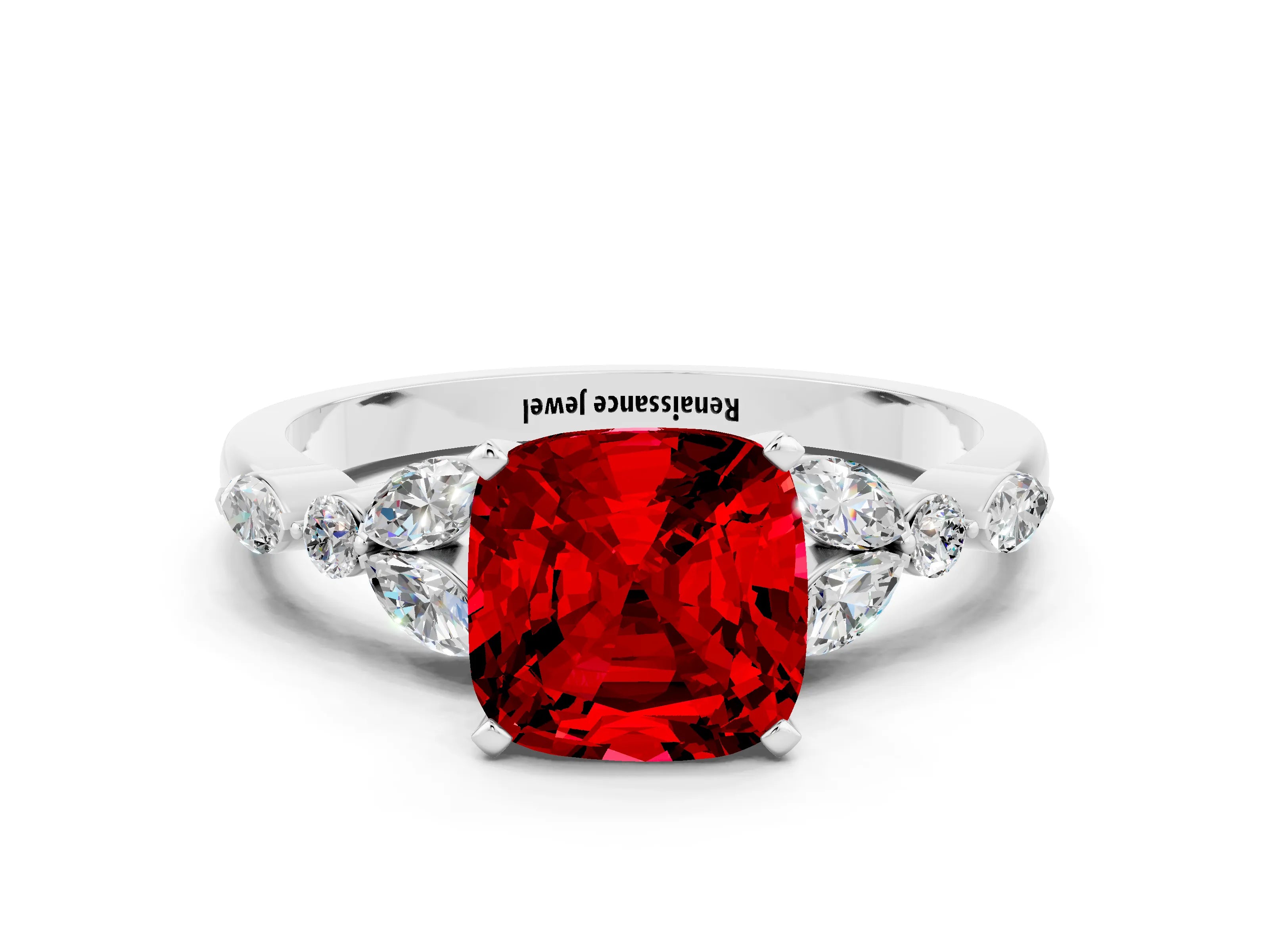 White gold Cushion Cut Ruby Solitaire Ring with Side Stones and Four-Prong Setting_12