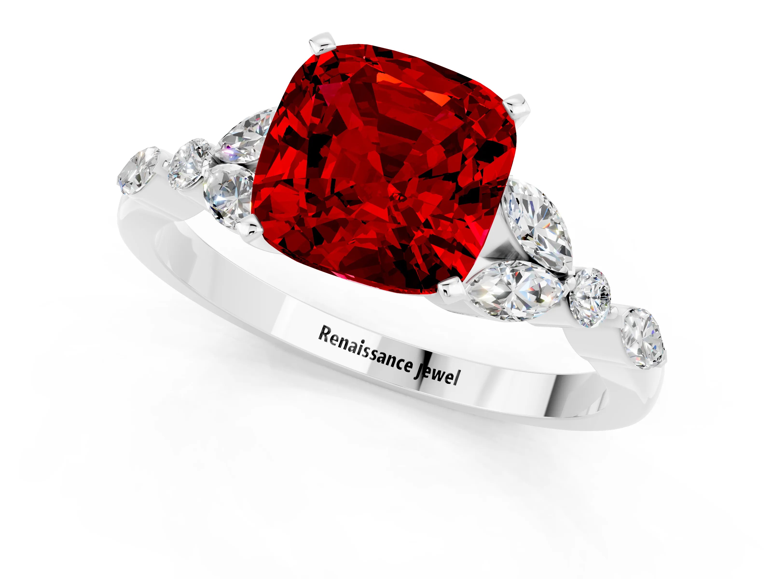 White gold Cushion Cut Ruby Solitaire Ring with Side Stones and Four-Prong Setting_13