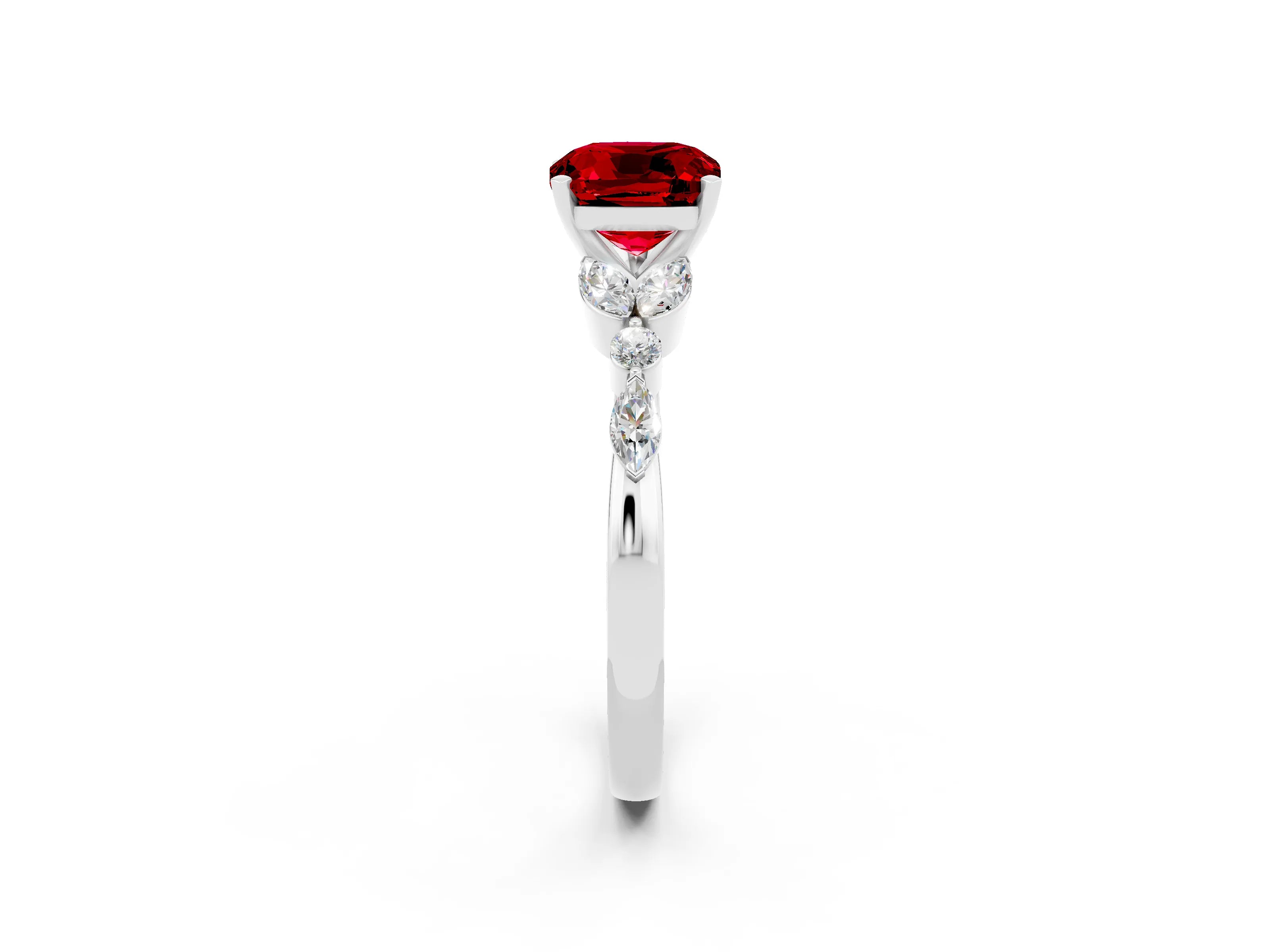 White gold Cushion Cut Ruby Solitaire Ring with Side Stones and Four-Prong Setting_14