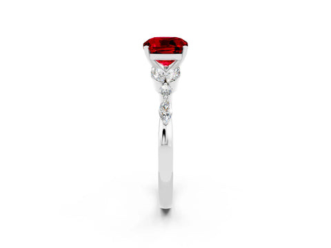 White gold Cushion Cut Ruby Solitaire Ring with Side Stones and Four-Prong Setting_14