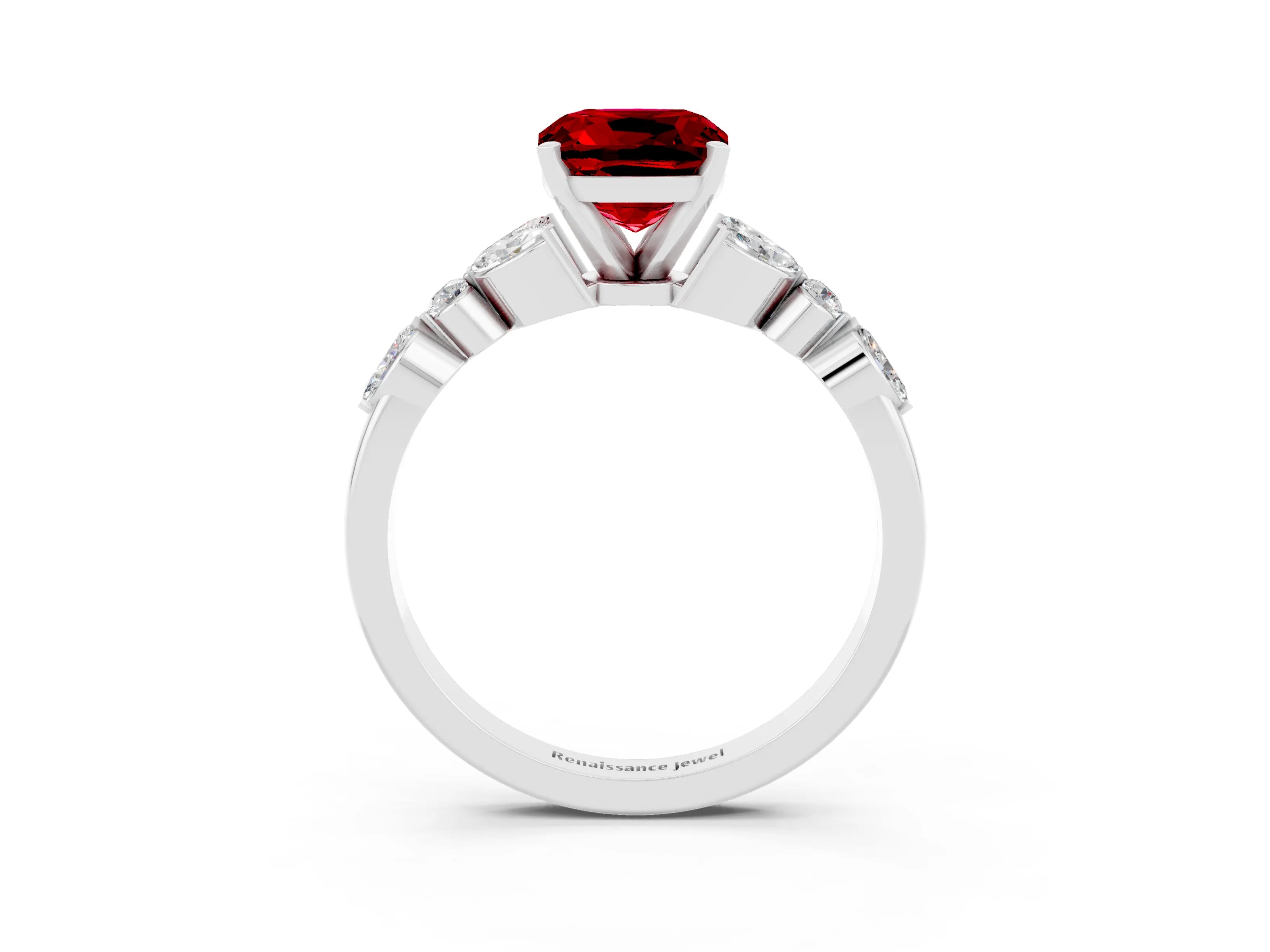 White gold Cushion Cut Ruby Solitaire Ring with Side Stones and Four-Prong Setting_15