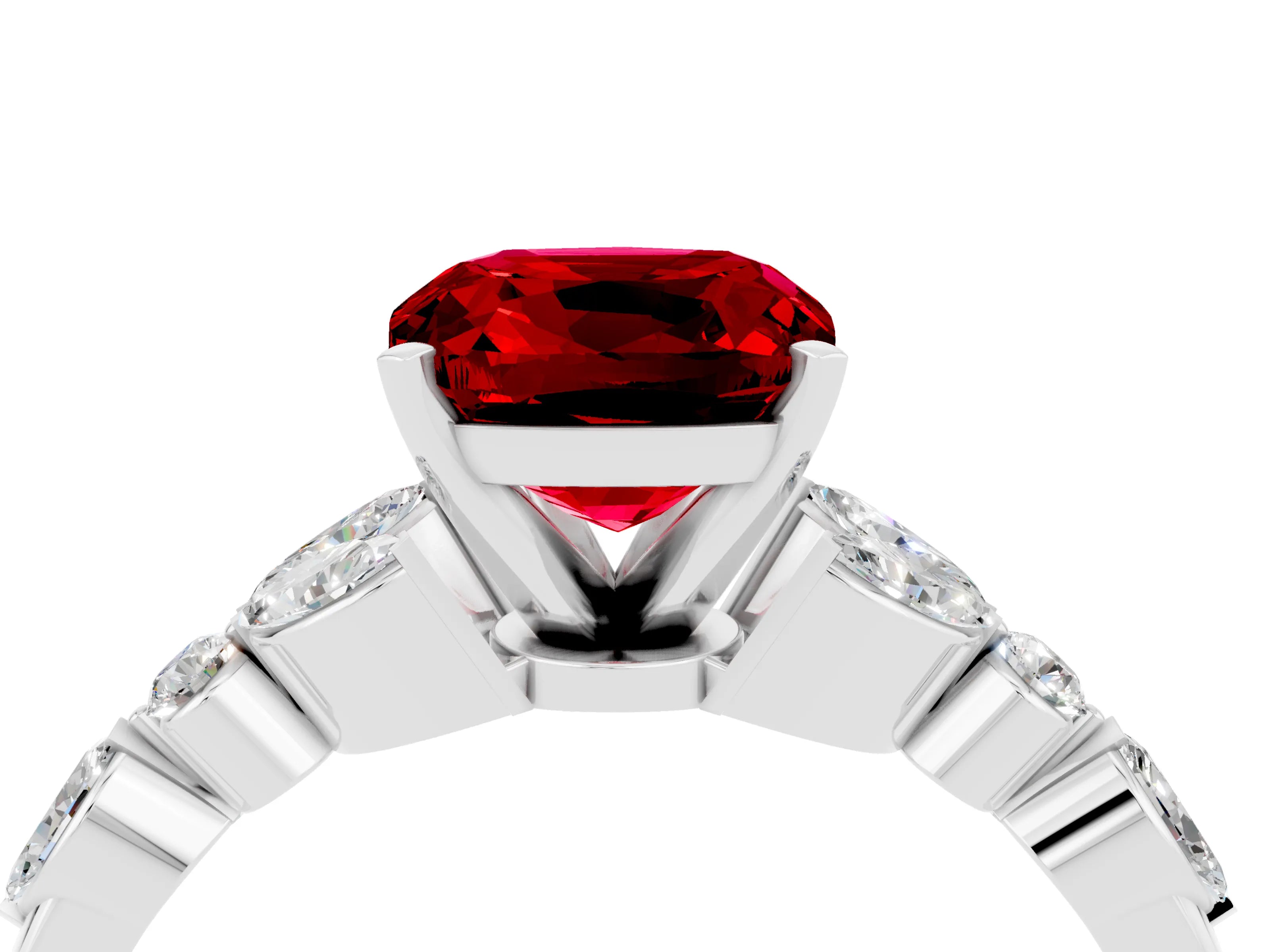 White gold Cushion Cut Ruby Solitaire Ring with Side Stones and Four-Prong Setting_16