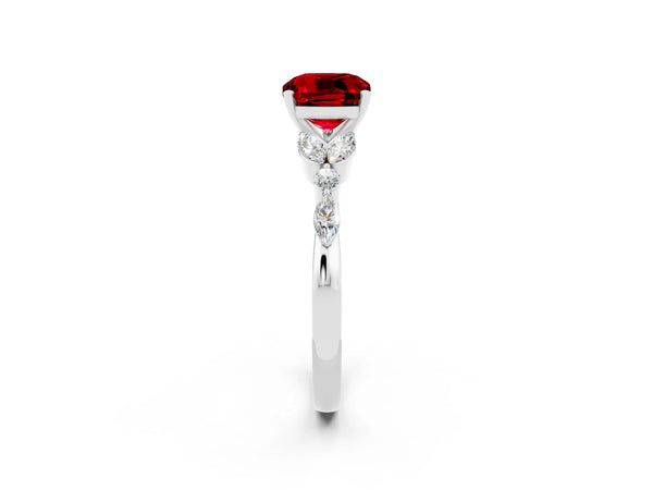 White gold Cushion Cut Ruby Solitaire Ring with Side Stones and Four-Prong Setting
